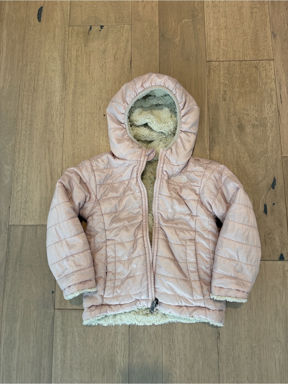 The North Face Girls Pink Hooded reversible Puffer Jacket with Faux Sherpa